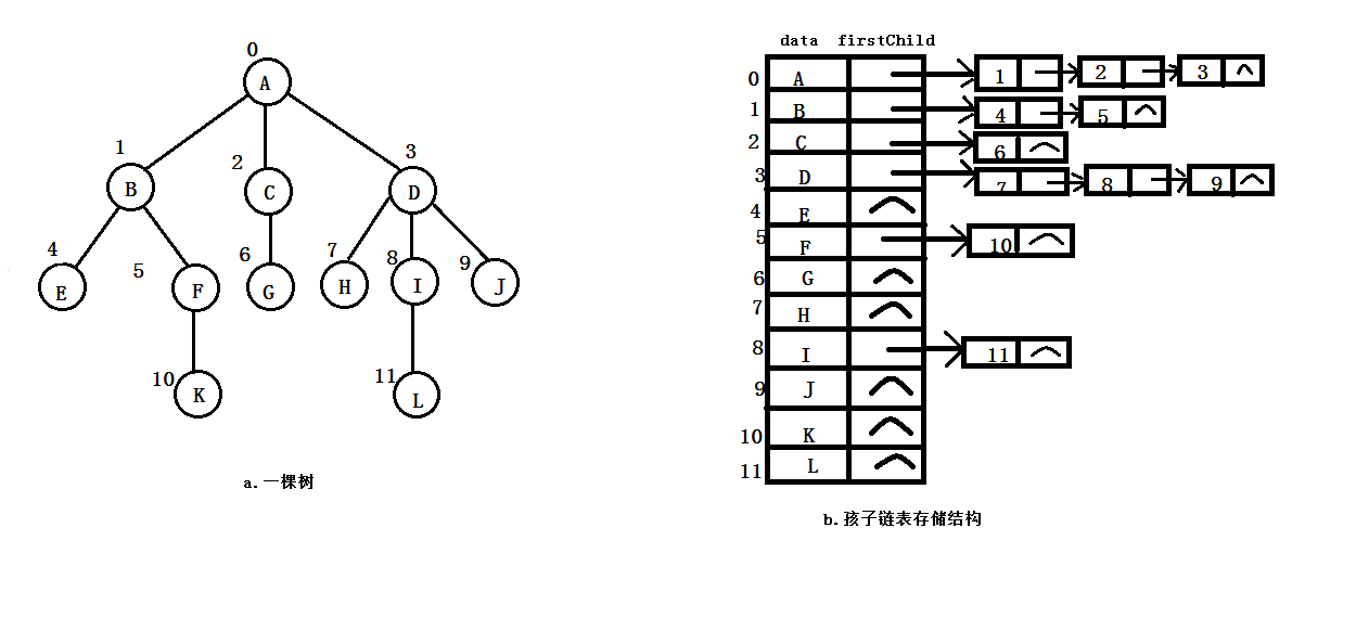 孩子链表存储结构示意图