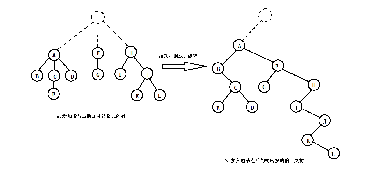 增加一个虚节点，将森林转换成二叉树的示意图